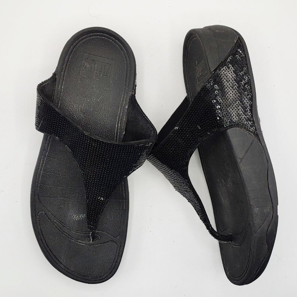 FitFlop womens 8 Black Sequin Thong Wedge Sandals A18-001